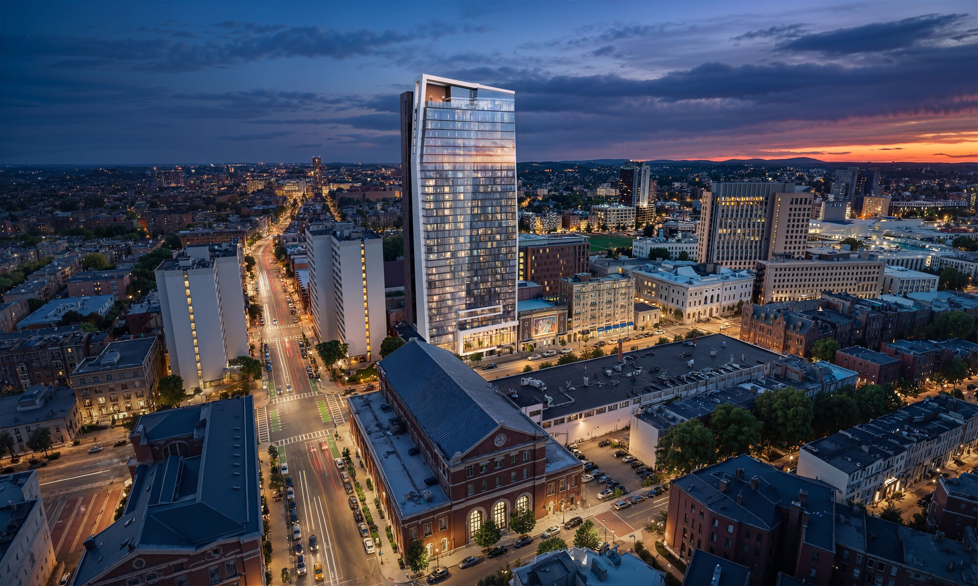 Lyra aerial exterior at dusk with Boston skyline views - Boston, MA
