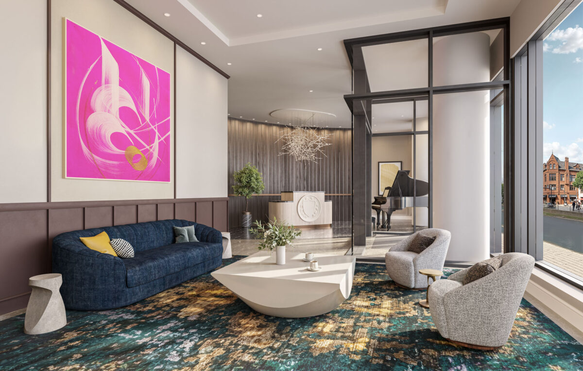 Stylish lobby with lounge seating, artwork, and glass-enclosed piano room