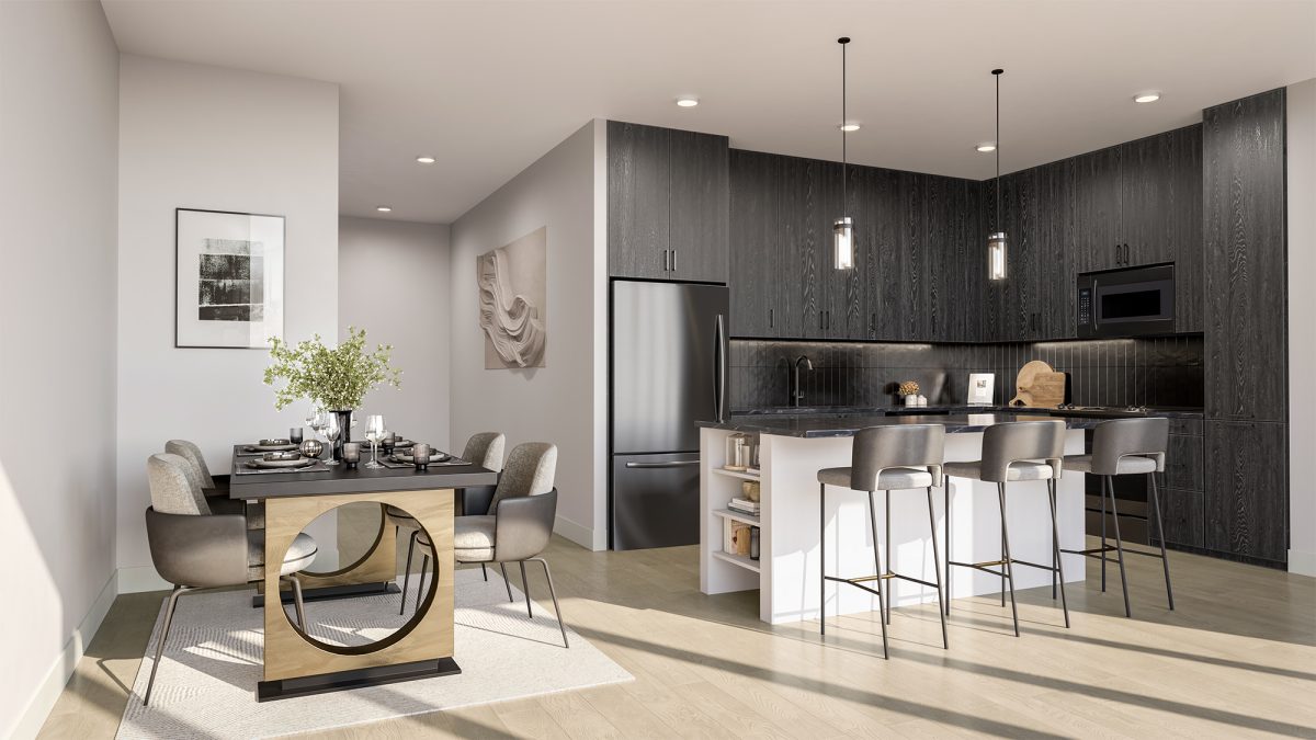 Modern kitchen and dining area with dark cabinetry, island seating, and sunlight