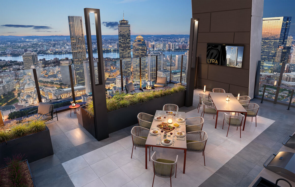Rooftop terrace with dining tables, fire features, and panoramic city skyline
