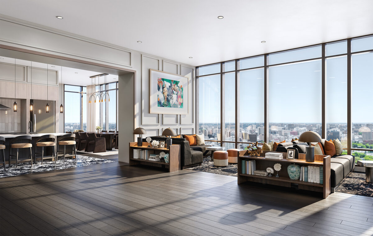 Skylounge with seating areas, large windows, and expansive city views