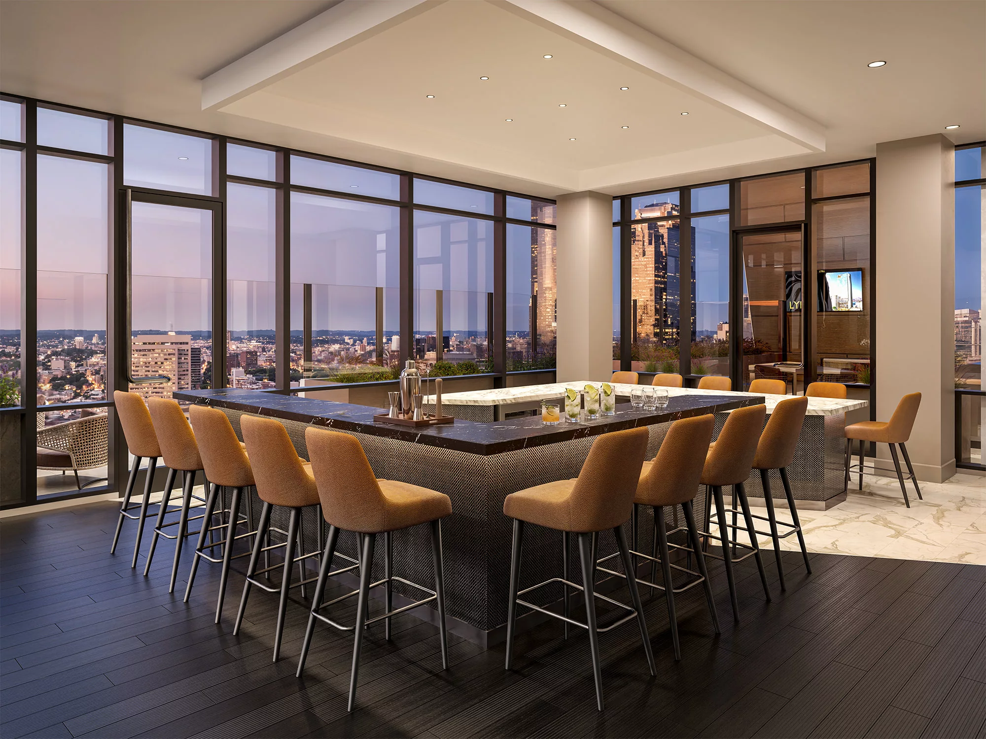 Rooftop lounge bar with seating, city skyline views through floor-to-ceiling windows