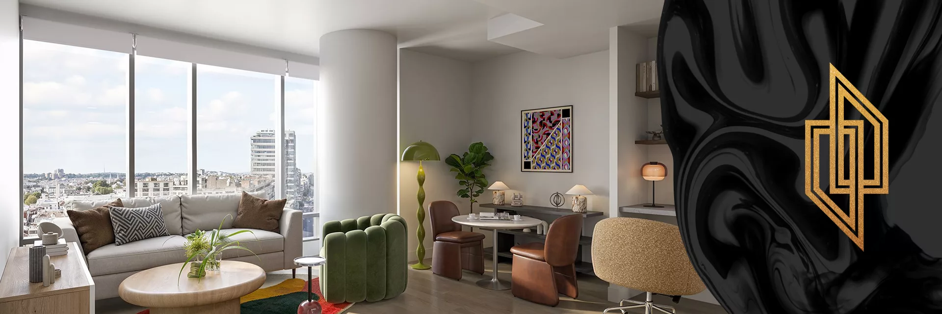 Modern apartment living room with city views, sofa, accent chairs, and dining area