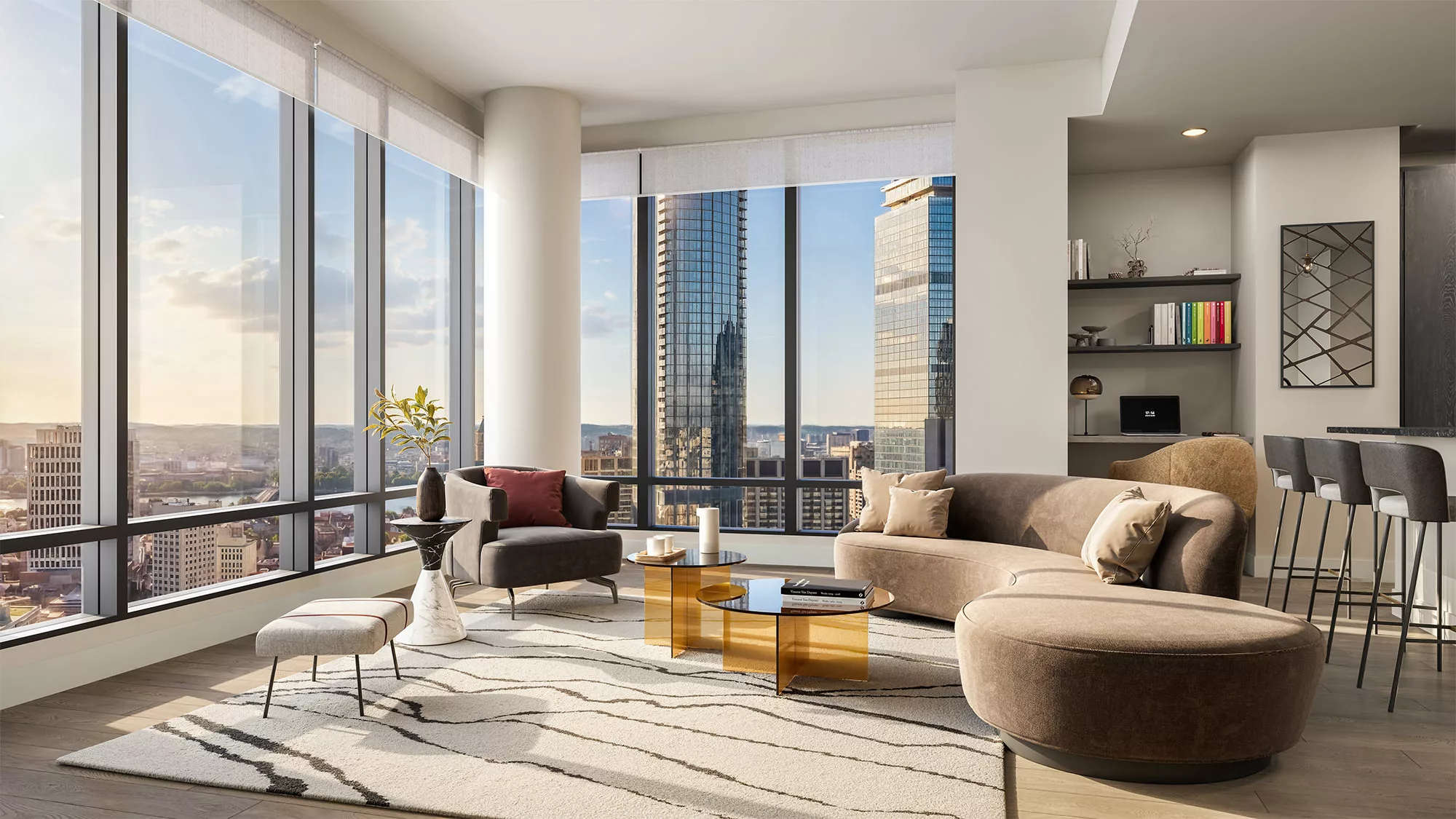 Modern apartment living room with floor-to-ceiling windows, city skyline view, neutral decor